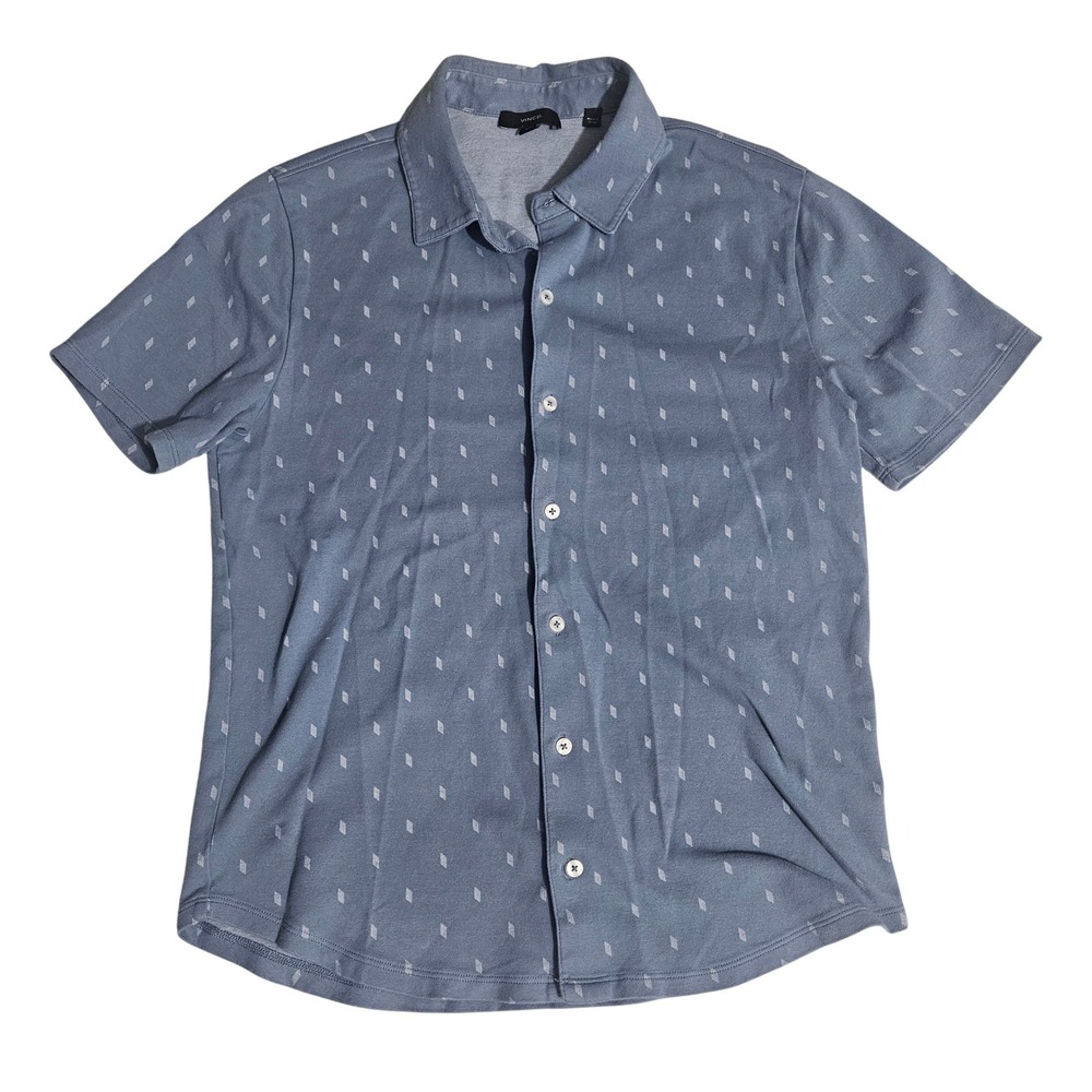 Vince Mens Blue Diamond Print Short Sleeve Button Down Shirt Size Medium Knit